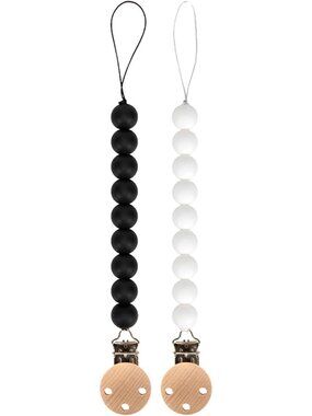 BPA-Free Silicone Pacifier Clip Holder, Fits Most Styles, 2 Pack - Black & White